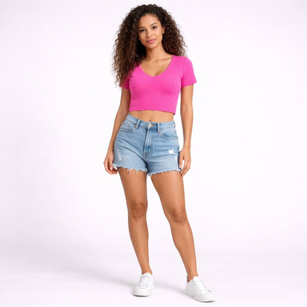 Shein Hot Pink Ribbed V-Neck Crop Top – Size XS